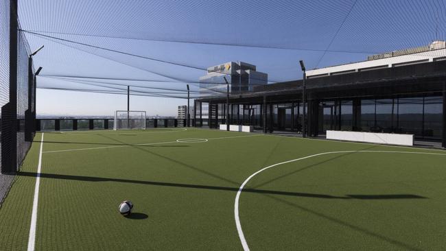 The soccer pitch on the roof.