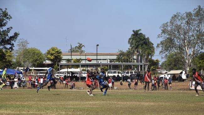 Players in action during the Tiwi Island Football League grand final between Tuyu Buffaloes and Pumarali Thunder. Picture: Max Hatzoglou