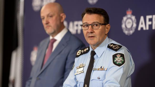 AFP Commissioner Reece Kershaw and ASIO Director-General Mike Burgess address the media after a Russian-born Brisbane couple were charged with espionage. Picture: Supplied