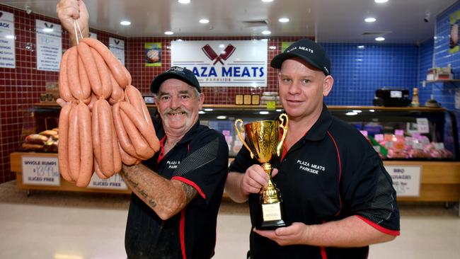 Graeme James and Lee Reilly with Queensland's best Honey Lamb sausages at Plaza Meats, Parkside in Kirwan, Townsville. The sausage claimed best lamb entry at the Australian Meat Industry Council 2024 Sausage King Competition for Queensland in Brisbane. Picture: Evan Morgan