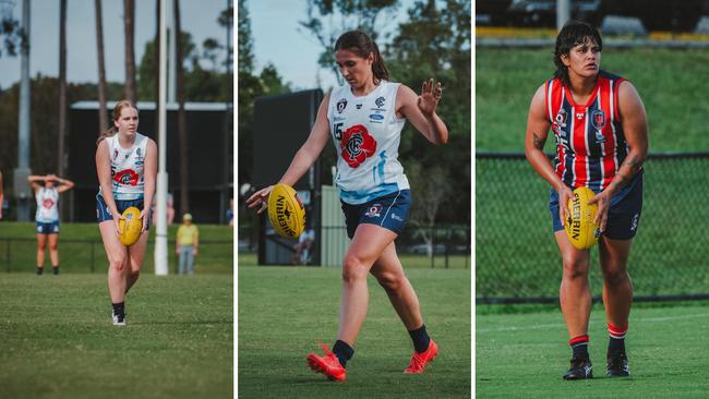 Coorparoo Kings players Alyssa Gall and Ayla Fetahagic and Wilston Grange star Carlize Anderson. Pictures: Clyde Scorgie/Brooke Sleep Media.