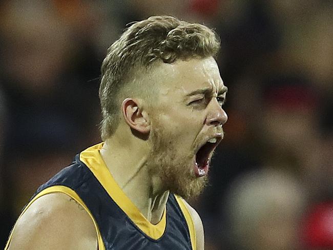 AFL - Round 18 - Adelaide Crows v Essendon at Adelaide Oval. Hugh Greenwood celebrates his goal. Picture SARAH REED