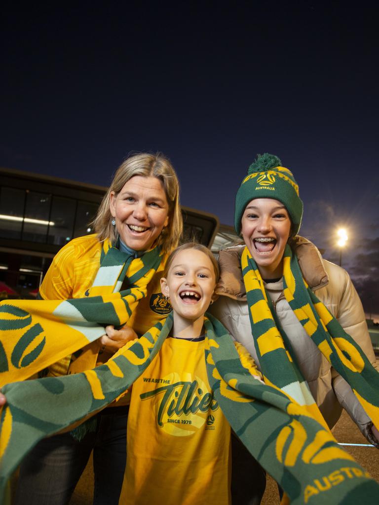 Claire Driessen, 49, Townsville Qld. Xander Triffett-Driessen, 8 Tavia Triffett-Driessen, at the Matildas game Picture: Brett Hartwig