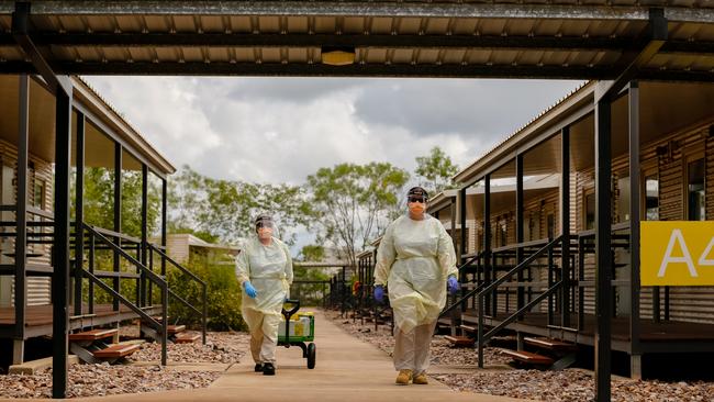 AUSMAT staff conduct a Swabbing run at a PPE drill at the NCCTRCA/AUSMAT sections of the Howard Springs Corona virus quarantine Centre on Darwin's outskirts. Picture: GLENN CAMPBELL via NCA NewsWire