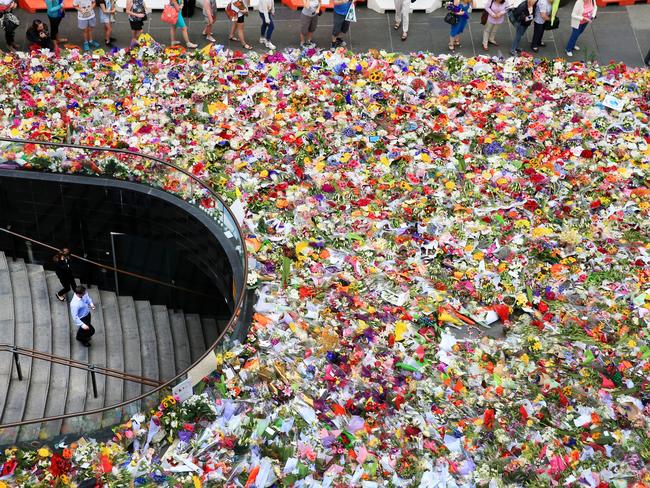 The floral tribute at Martin Place after the deadly siege. Picture: Toby Zerna