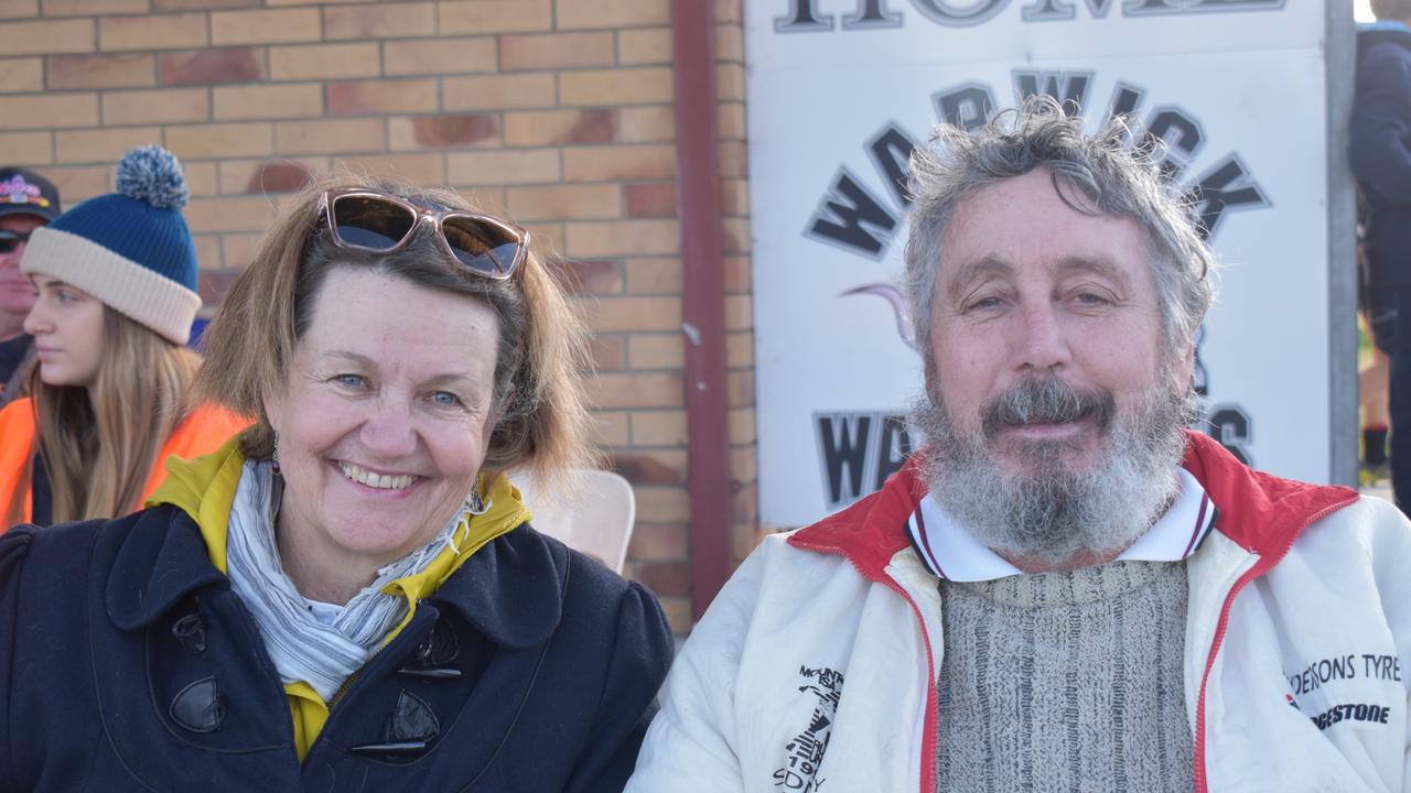 Debra and Dominic Marshall on the sidelines at the Warwick Water Rats reunion round on July 10, 2021.