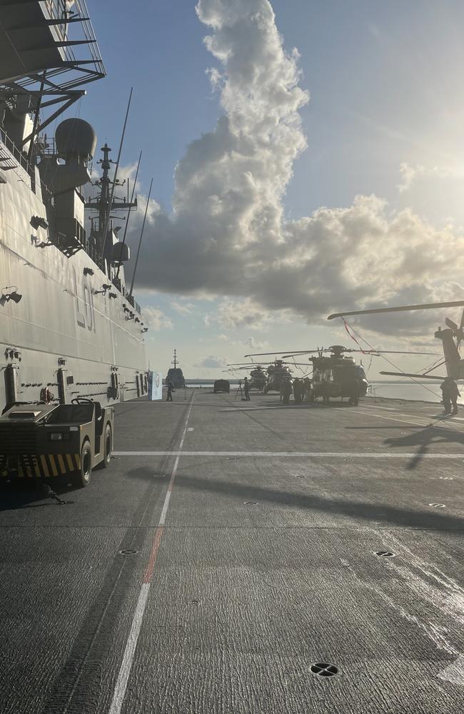 There are 11 helicopters aboard the HMAS Adelaide. Picture: Bethany Griffiths