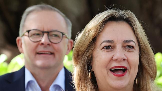 FEDERAL ELECTION TEAM 2022. LABOR BUS TOUR 2/5/2022. Labor leader Anthony Albanese during a press conference at the start of the Qld Labour Day march and rally, Brisbane QLD. Accompanied by QLD Premier Annastacia Palaszczuk Picture: Liam Kidston