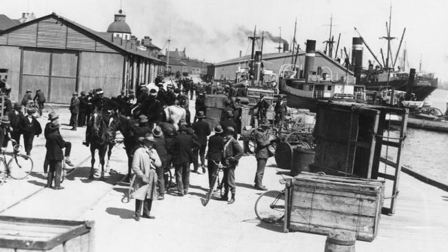 The aftermath of the first riot — police and special constables assemble at McLaren Wharf. Picture: State Library of South Australia