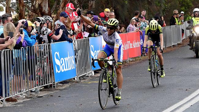 Katrin Garfoot (Uni SA-Australia)  crosses the finish line first, followed by Lucy Kennedy (Mitchelton-Scott) at Mangler's Hill, at Stage 2 of the Women's Tour Down Under. Picture: Bianca De MarchiPicture: Bianca De Marchi