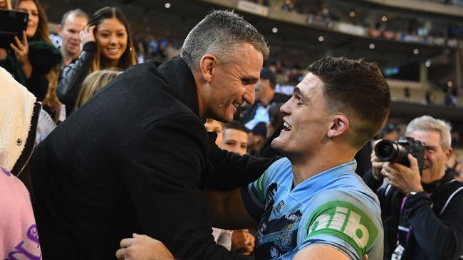 MELBOURNE, AUSTRALIA - JUNE 06:  Nathan Cleary of the Blues is congratulated by his father Ivan Cleary after winning game one of the State Of Origin series between the Queensland Maroons and the New South Wales Blues at the Melbourne Cricket Ground on June 6, 2018 in Melbourne, Australia.  (Photo by Quinn Rooney/Getty Images)