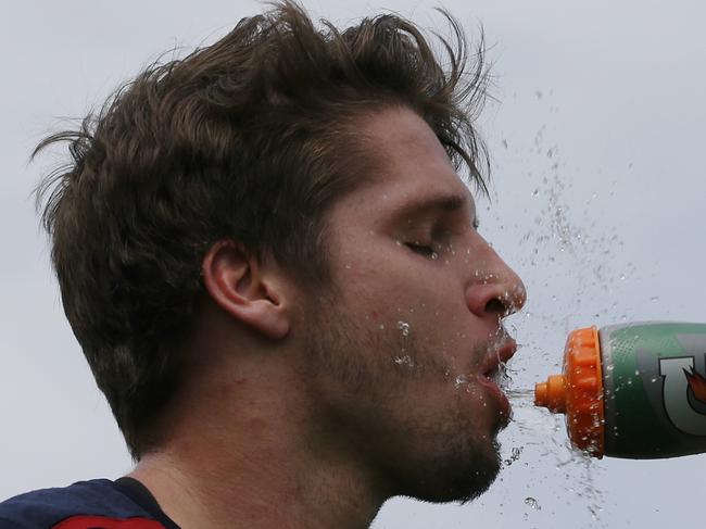 Melbourne training at Gosch's Paddock. Jesse Hogan with a couple of fingers in splints . Pic: Michael Klein