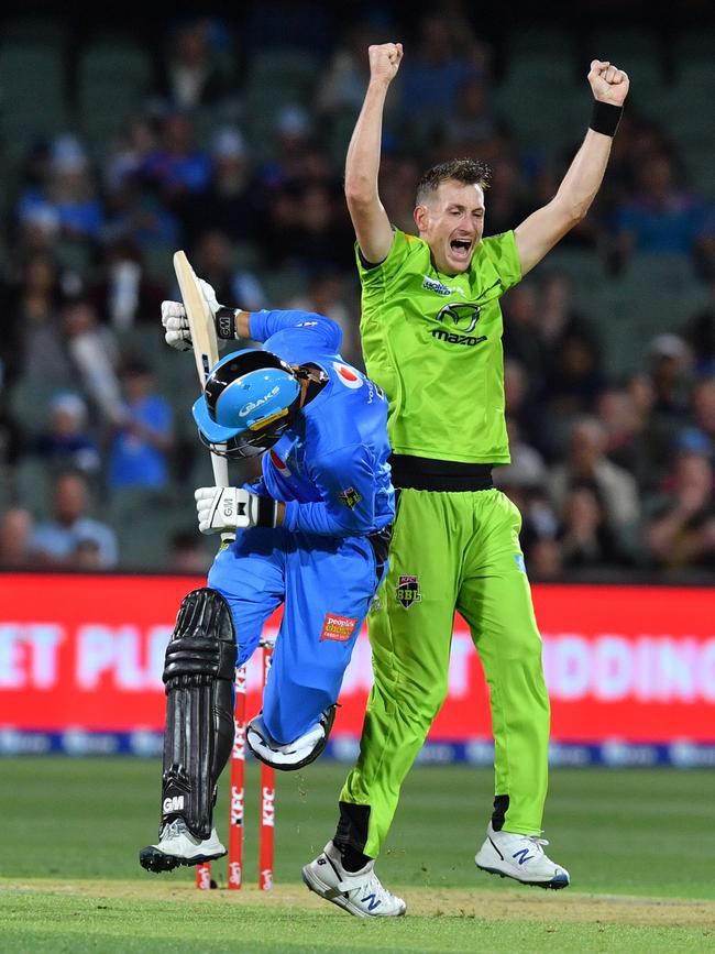 Thunder bowler Chris Morris celebrates a wicket in the Knockout final.