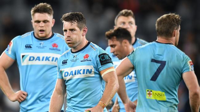 Bernard Foley of the Waratahs reacts during the Round 11 Super Rugby match between the New South Wales Waratahs and the Sharks at Bankwest Stadium in Sydney, Saturday, April 27, 2019. (AAP Image/Joel Carrett) NO ARCHIVING, EDITORIAL USE ONLY