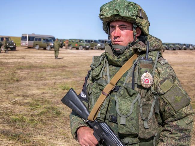 A Russian soldier on guard during the military exercises. Picture: Russian Defence Ministry via AP