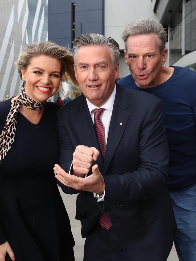 Rebecca Maddern, Eddie McGuire and Sam Newman. Picture: Alex Coppel