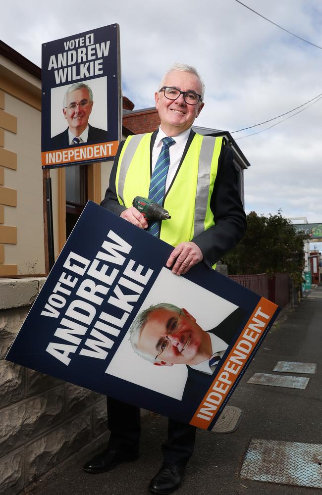 Independent member for Clark Andrew Wilkie out putting up his election campaign posters in Hobart. Picture: Nikki Davis-Jones