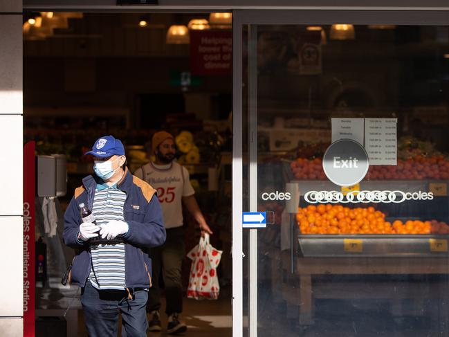 Pictures show shoppers at Coles in Manly leaving the store wearing face masks on 1st August 2020. (Pictures by Julian Andrews).