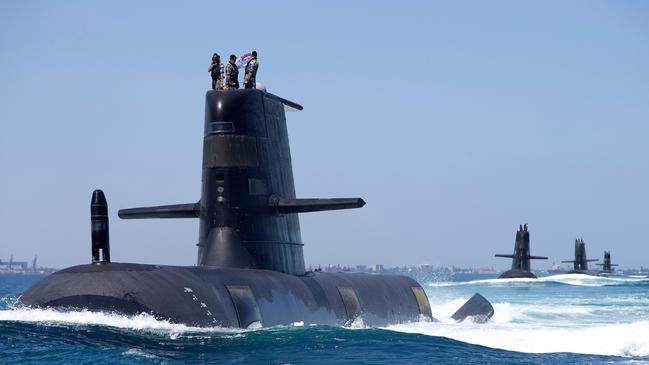 Collins Class Submarines HMAS Collins, HMAS Farncomb, HMAS Dechaineux and HMAS Sheean transition through Cockburn Sound, Western Australia. Picture: Supplied