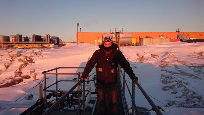 Brendan Hopkins performing refuelling operations at Casey research station — which is when they pump fuel from the lower fuel farm up to station. The operation involves continuous monitoring over a 24 hour period, so the team take shifts in the cold. Picture: Jacque Comery/Australian Antarctic Division