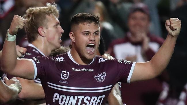 SYDNEY, AUSTRALIA - JULY 02: Josh Schuster of the Sea Eagles celebrate victory following the round 18 NRL match between Manly Sea Eagles and Sydney Roosters at 4 Pines Park on July 02, 2023 in Sydney, Australia. (Photo by Jason McCawley/Getty Images)