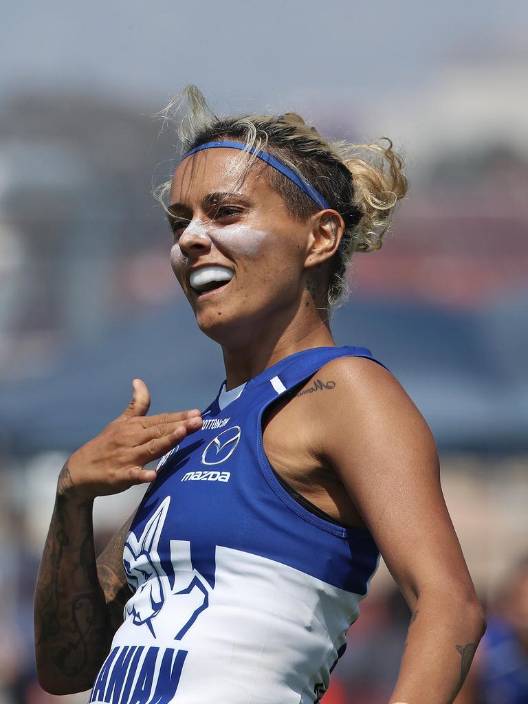 North Melbourne’s Moana Hope celebrates scoring a second quarter goal. Picture: LUKE BOWDEN