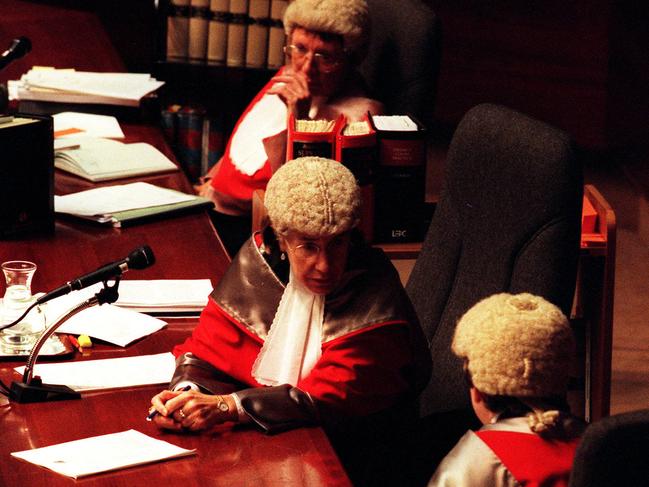 Justices Carolyn Simpson (left), Margaret Beazley and Virginia Bell, an all-woman bench hearing, hear a case in NSW Court of Criminal Appeal in Sydney for the first time.