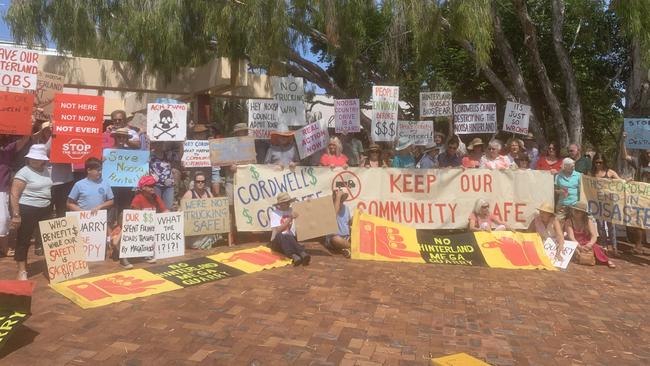 Residents stage a peaceful protest outside Noosa Council Chambers opposing the number of trucks travelling to Kin Kin Quarry.