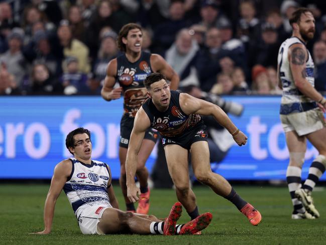 GEELONG, AUSTRALIA – MAY 25: Toby Greene of the Giants celebrates a goal during the 2024 round 11 AFL match between Geelong Cats and Greater Western Sydney Giants at GMHBA Stadium, on May 25, 2024, in Geelong, Australia. (Photo by Martin Keep/AFL Photos/Getty Images)