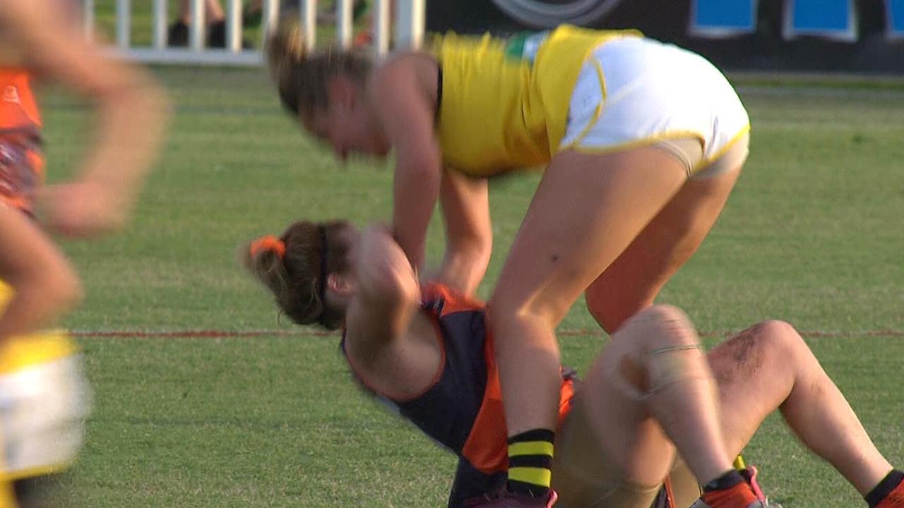 AFLW Tiger Laura McClelland has been hit with a two-game ban for this nasty incident on Giant Britt Tully.