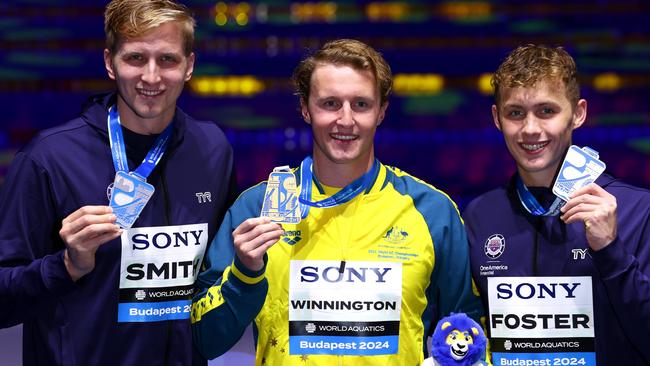 Men’s 400m freestyle medallists Kieran Smith, Elijah Winnington and Carson Foster. Picture: Dean Mouhtaropoulos/Getty Images