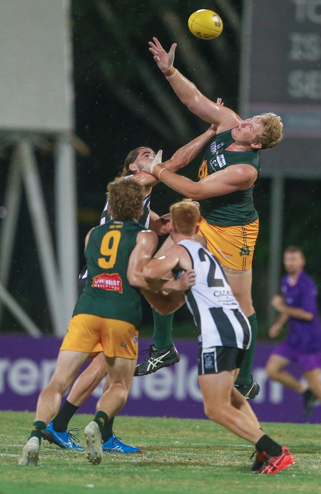 St Mary’s Ryan Smith rises highest in the ruck. Picture: Glenn Campbell