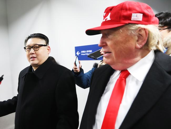 Donald Trump and Kim Jong-un impersonators are escorted out of the ceremony during the Opening Ceremony of the PyeongChang 2018 Winter Olympic Games. Picture: Getty