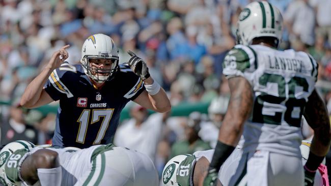 Philip Rivers #17 of the San Diego Chargers calls plays at the line of scrimmage.