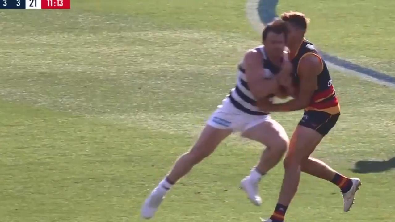 Patrick Dangerfield’s heavy bump on Jake Kelly during the Cat's Round 1 clash against the Crows. Picture: Fox Sports