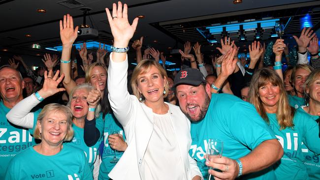 Independent MP Zali Steggall celebrates winning Warringah. Picture: Dylan Coker