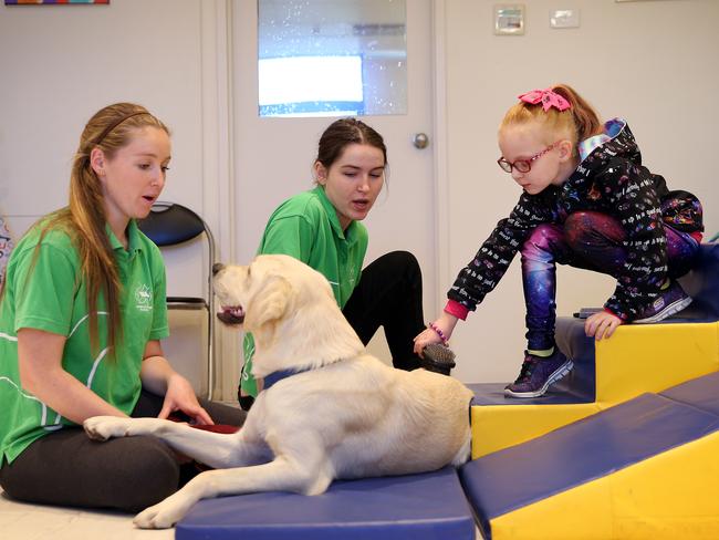 Seven-year-old Sophie Ireland (right) at Assistance Dogs Australia in Engadine. Picture: Sam Ruttyn