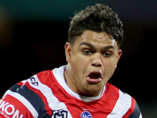 Latrell Mitchell of the Roosters during the Round 15 NRL match between the Sydney Roosters and Melbourne Storm at Adelaide Oval in Adelaide, Friday, June 28, 2019. (AAP Image/Kelly Barnes) NO ARCHIVING, EDITORIAL USE ONLY