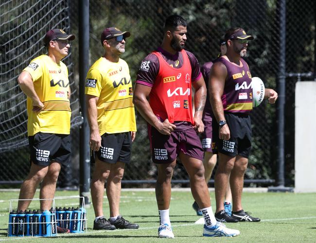 Broncos prop Payne Haas (red) at training following an altercation with teammate Albert Kelly. Picture: Tara Croser