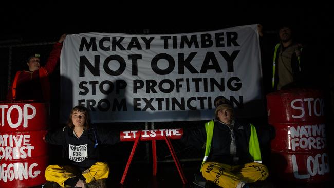 Bob Brown Foundation 'Forest Defenders' protesting native logging at one of Tasmania's largest sawmills, McKay's Timber, in Brighton. Picture: Bob Brown Foundation