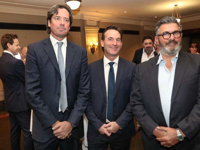 Neil Mitchell farewell/retirement lunch at Melbourne town hall. Gillon McLachlan, Andrew Dillon and Andrew Demetriou. Friday, February 9, 2024. Picture: David Crosling