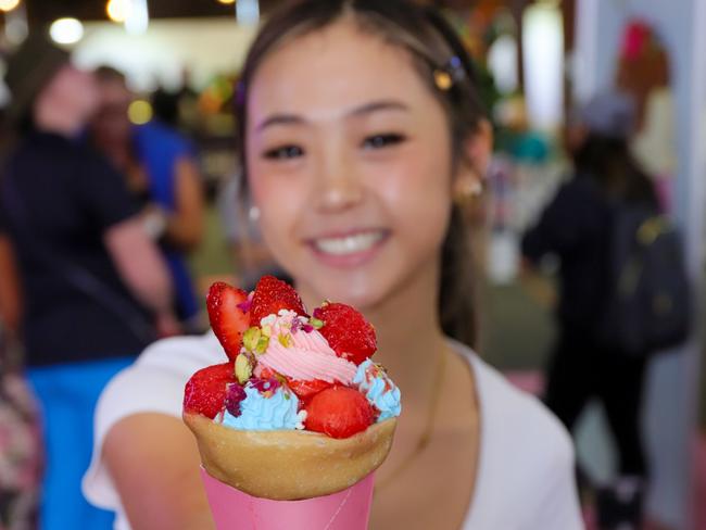 Catherine Zhang holds the Pinkstar Japanese crepe at Kurepu. Picture: Jenifer Jagielski