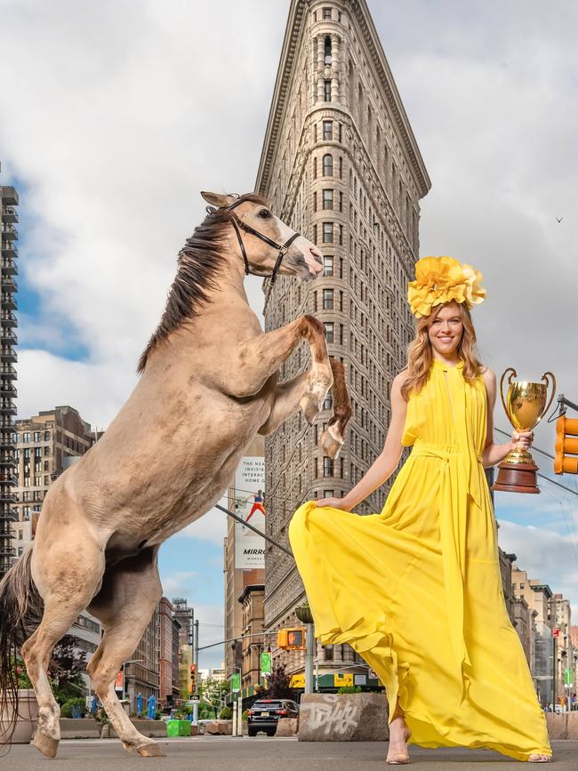 Victoria Lee in front of New York City's Flatiron building. Picture: Jason Edwards