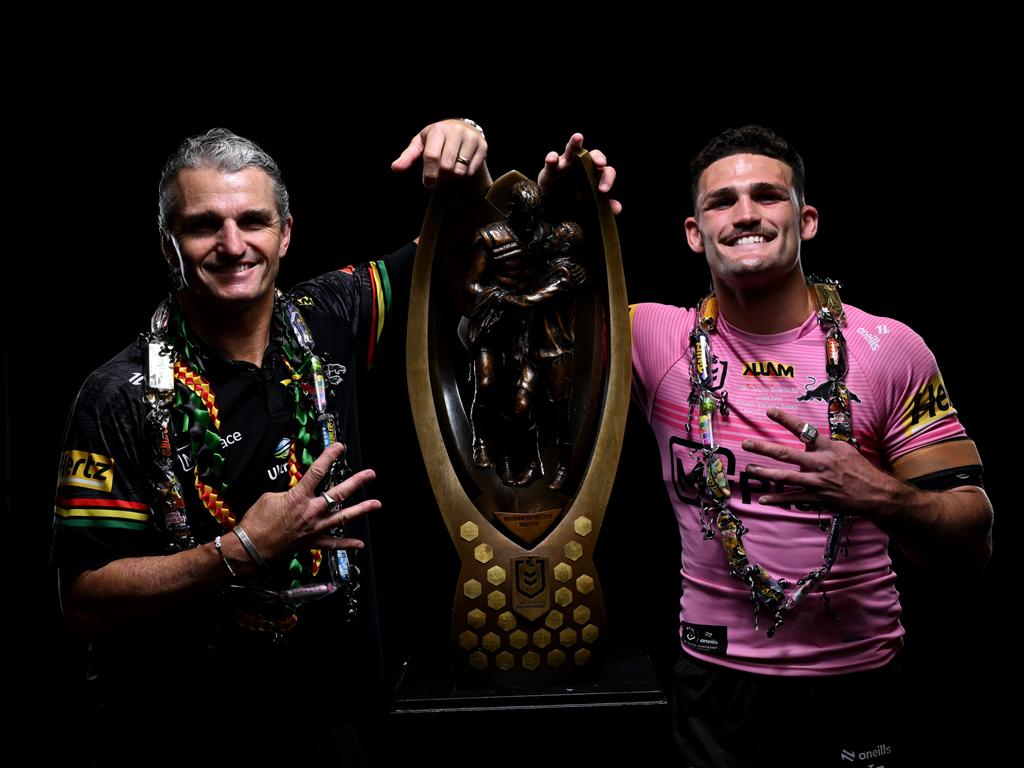 Ivan and Nathan Cleary after their fourth premiership. Picture: NRL Photos/Gregg Porteous