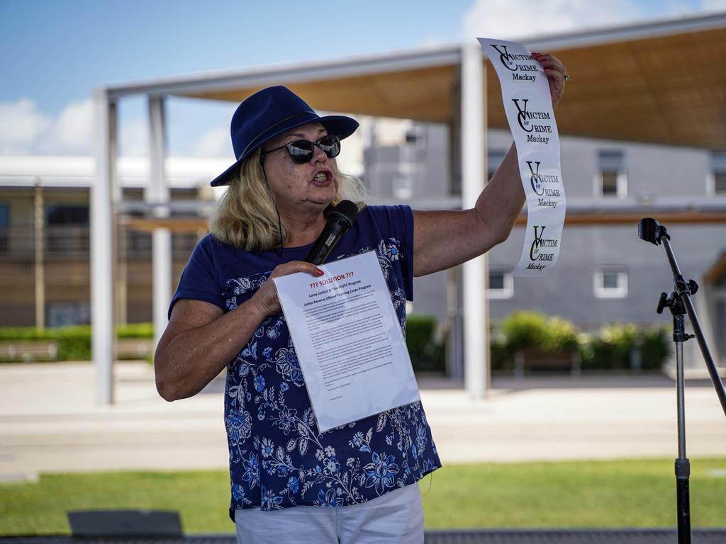 Victims of Crime Mackay Facebook page founder Carolyn Quabba is selling bumper stickers to raise public awareness about the number of people impacted by crime. Mrs Quabba is pictured speaking out at a Crime and Justice Rally held at the Bluewater Quay. Picture: Heidi Petith