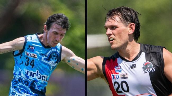 Kyle McBean of the Darwin Buffaloes and Jye Bolton of Southern Districts in the 2024-25 NTFL season.