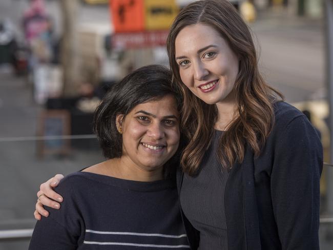 Nethra Krishnamurthy meets Charlotte Galpin at the scene of the Bourke Street tragedy. Picture: Jason Edwards