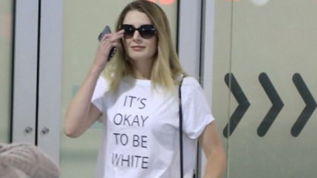 Lauren_Southern touches down in Brisbane wearing 'It's okay to be white' T-shirt. Credit: Twitter