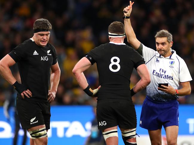 Scott Barrett is shown the red card during the Bledisloe Cup Test in Perth.