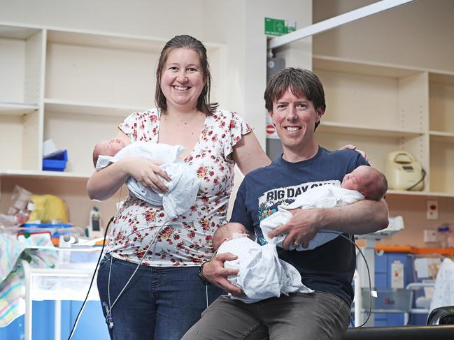 New parents to triplets Amy and Justin Ward with their children (L-R) Alexander, Emma and Samuel. Picture: LUKE BOWDEN